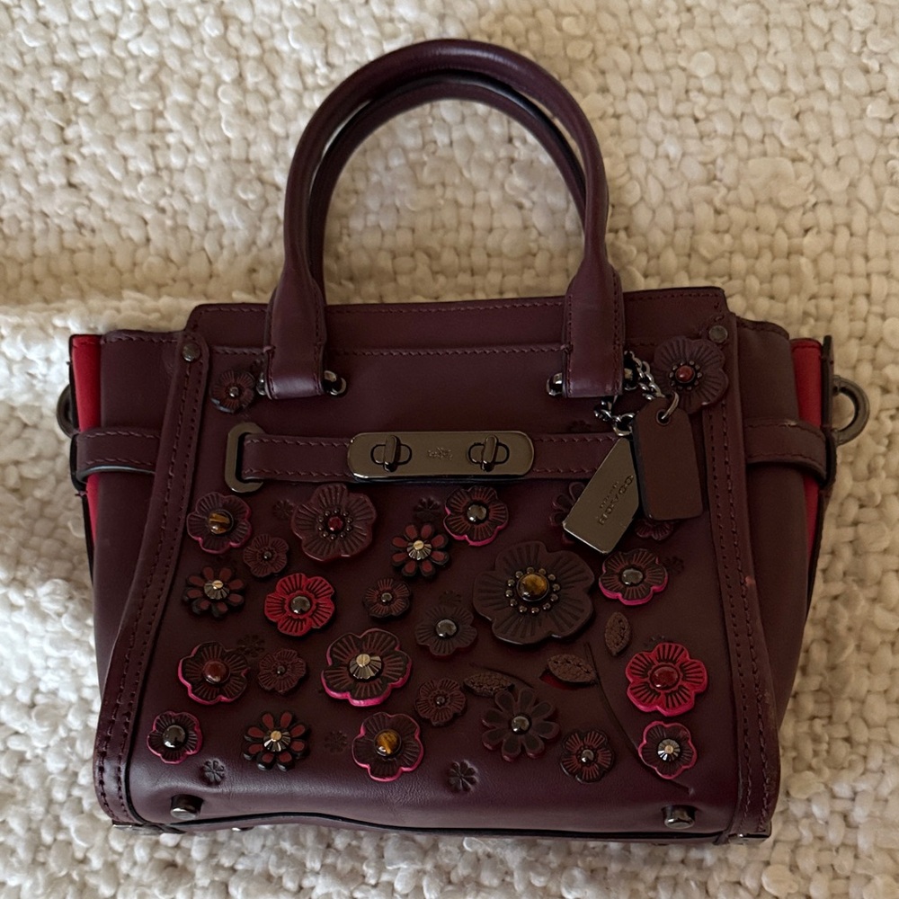 Coach Burgundy Floral Appliqué Satchel with Red Accents